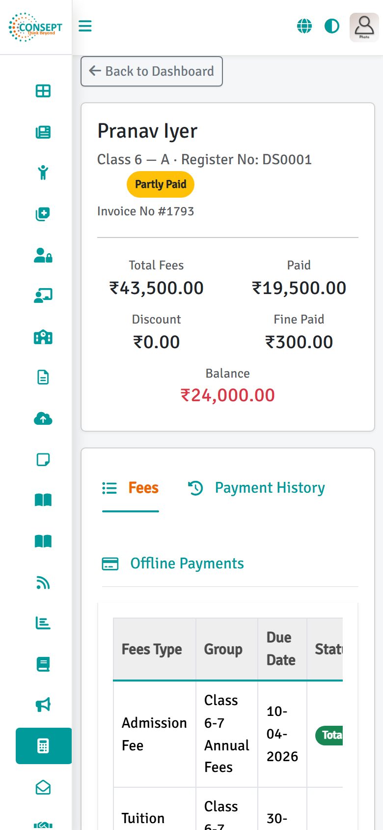 Parent app: fees